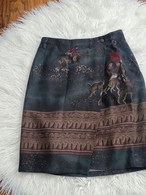 Breeches Vintage Equestrian Print Skirt in Dark Green and Brown